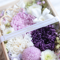 【大切な方に贈る仏花】名前印字リボンも可＊桐箱のフラワー紫緑BOX＊プリザーブドフラワー 12枚目の画像
