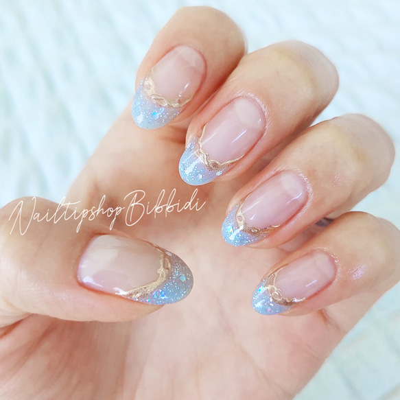 ブルーキラキラフレンチネイル ネイルチップ（つけ爪） Nailtipshop