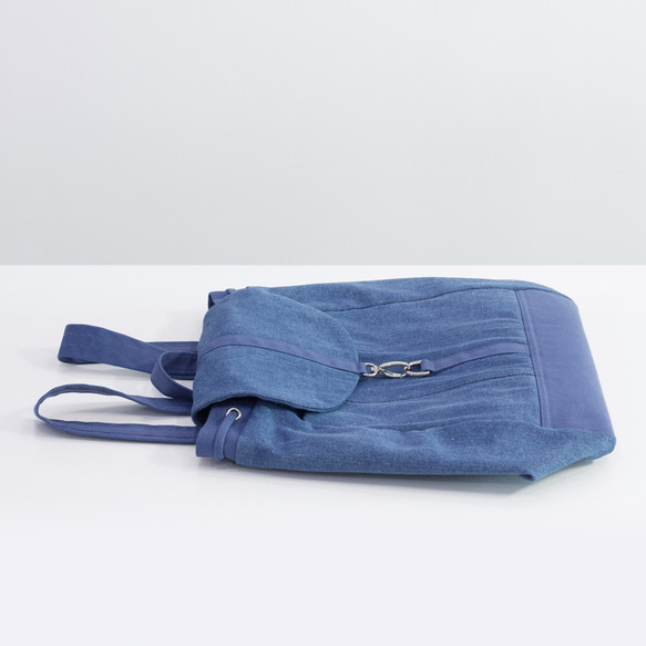 デニムx帆布 カジュアルバックパック（Lサイズ）【濃藍xコバルトブルー】A4サイズ対応 6枚目の画像