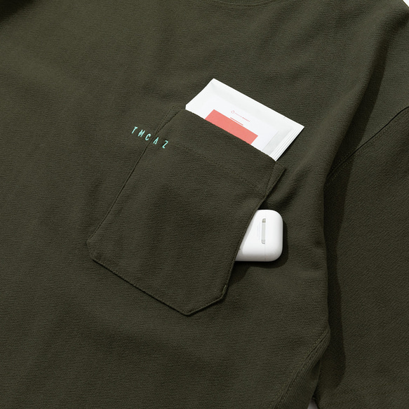 TMCAZ PocketTee 【オリーブグリーン】 オーバーサイズ 半袖 ダブルポケット Tシャツ 綿100% 5枚目の画像