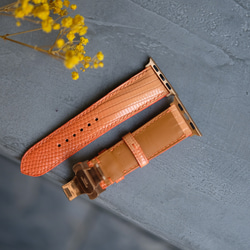 高級革使用】　腕時計ベルト　アップルウォッチバンド　スペイン産のリザード革 トカゲ革　オレンジ色 6枚目の画像