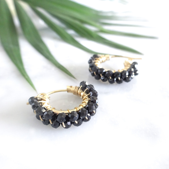 送料無料14kgf Black Spinel wrapped pierced earrings / clip on 1枚目の画像