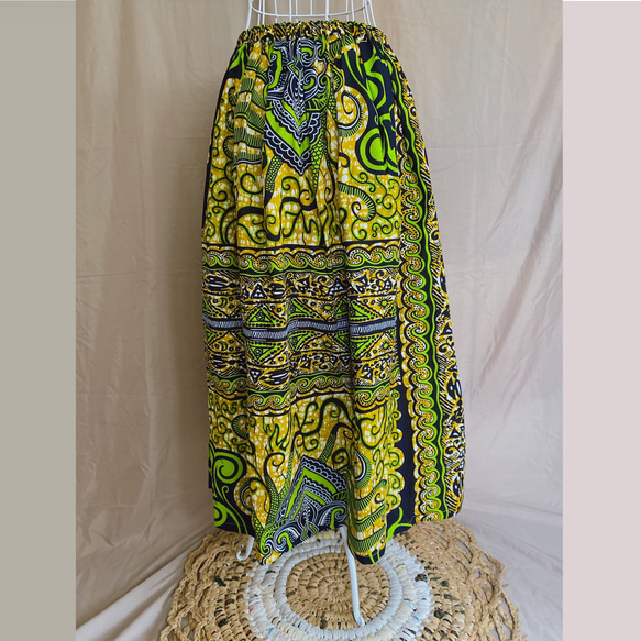 【送料無料】アフリカ布のタックギャザースカート＊ロングスカート＊緑系 3枚目の画像