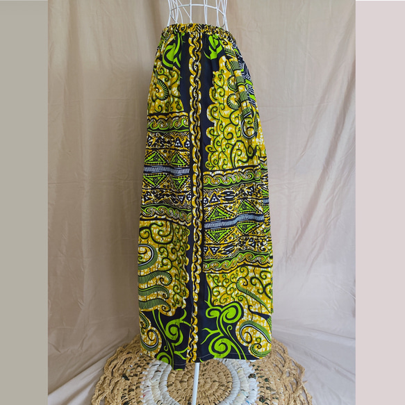 【送料無料】アフリカ布のタックギャザースカート＊ロングスカート＊緑系 2枚目の画像