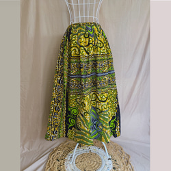 【送料無料】アフリカ布のタックギャザースカート＊ロングスカート＊緑系 1枚目の画像