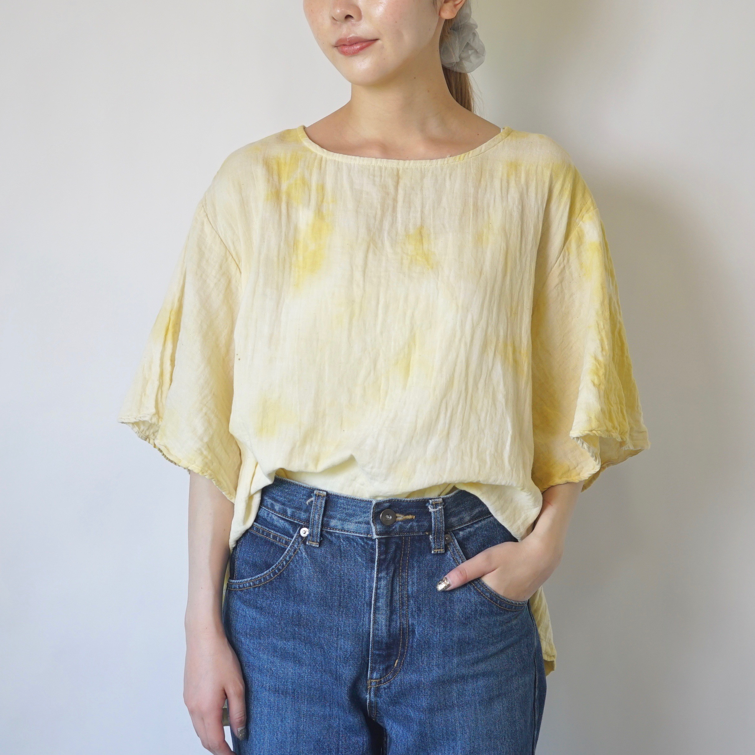 フレアスリーブ ガーゼTシャツ/イエローまだら/三河織物ダブルガーゼ