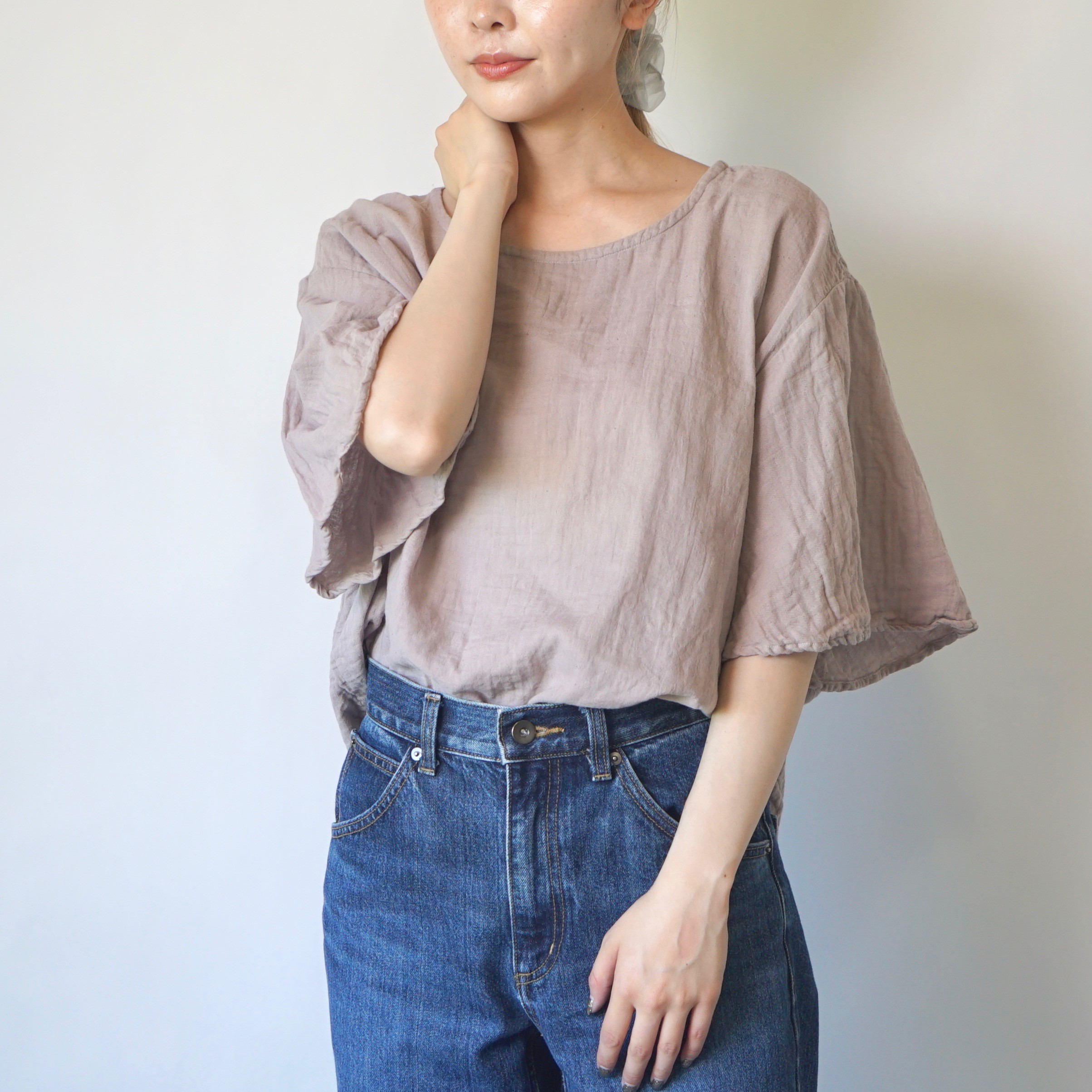 フレアスリーブ ガーゼTシャツ/ピンクベージュ/三河織物ダブルガーゼ