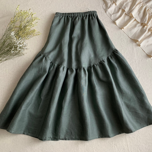 リネン☆ラウンド切り替えギャザースカート ロングスカート（マキシ丈