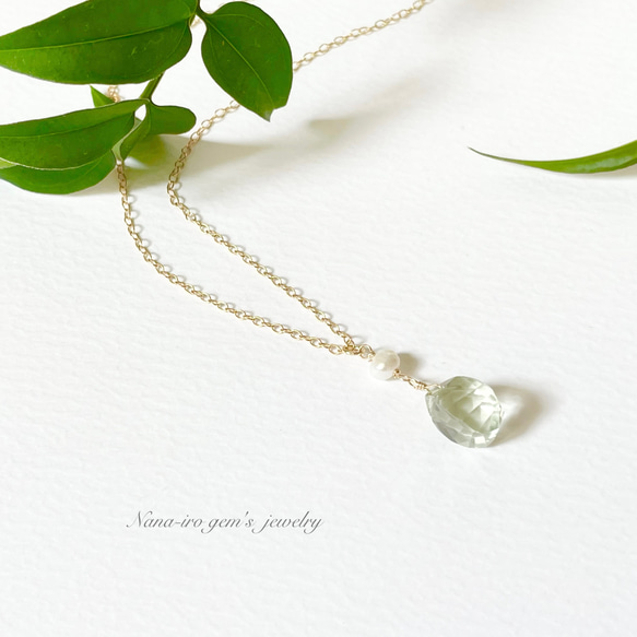 14kgf green amethyst × pearl necklace 5枚目の画像