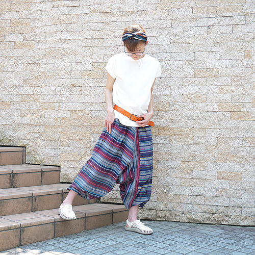 ストライプ切り替え＊裾ぼってりのゆる可愛いシルエット＊サルエル