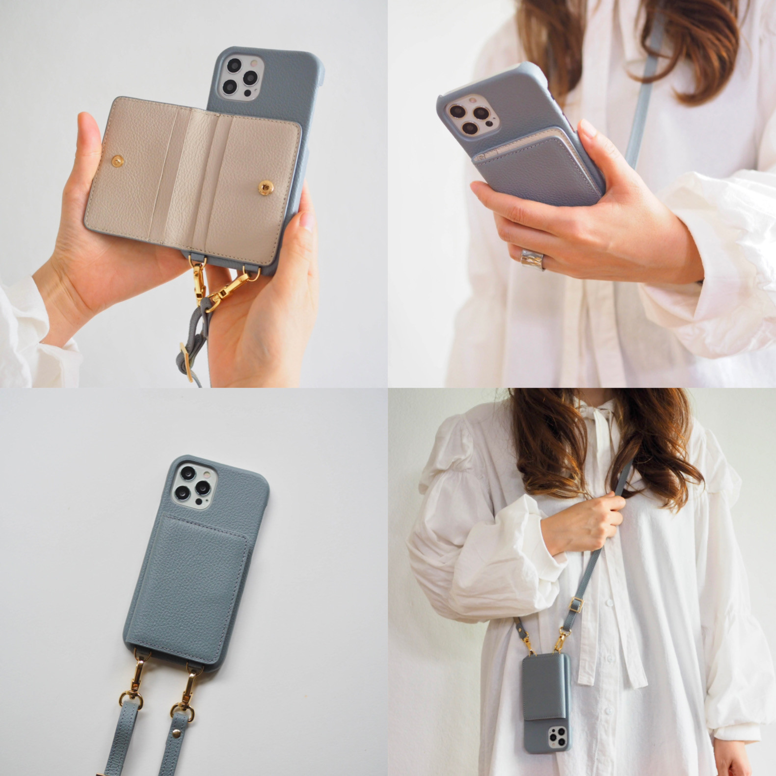 #3 名入れ可｜バイカラー本革iPhoneショルダーケース（背面収納　スマホショルダー）Grey+Greige