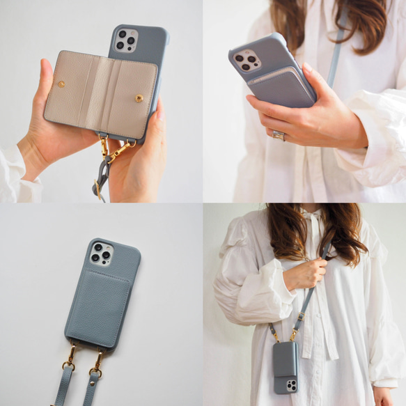 3 名入れ可｜バイカラー本革iPhoneショルダーケース（背面収納