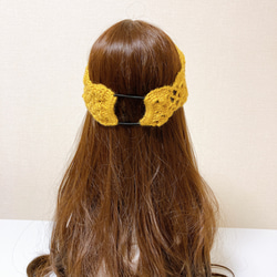 ヘアバンド　マスタード　手編み　1年中着用できる　透かし模様　かわいい　おしゃれ 4枚目の画像