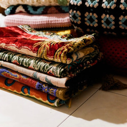 （戀愛粉白）橫紋澎厚蓋毯日誌暖情鄉村手工編織古蕫 彩色萬用毯床罩 Vintage 第6張的照片