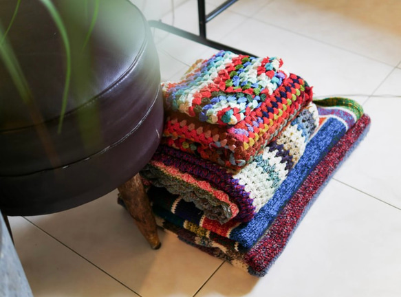 （大）彩條方格織流蘇戀愛季節鄉村手工編織古蕫 彩色萬用毯床罩 Vintage 第4張的照片
