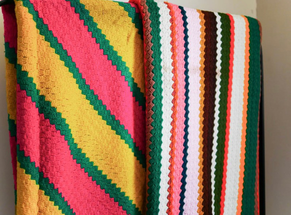 方格織紋條紋簡約手札鄉村手工編織古蕫 彩色萬用毯床罩 Vintage 第2張的照片