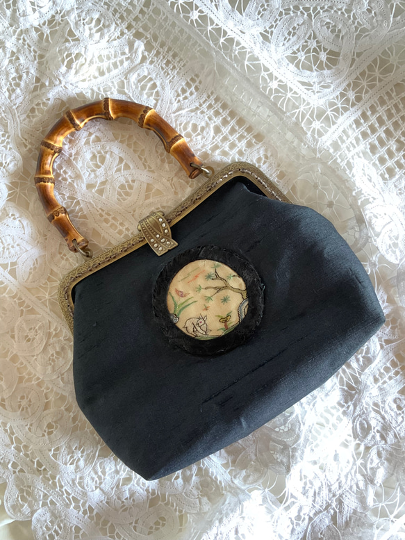 アンティーク 犬と紬】バンブーバッグ アンティーク着物 リメイク