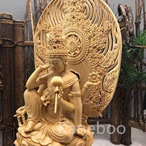 仏壇仏像 如意輪観音 一面六臂 飛天光背 八角台座 桧木製彫刻 観音像