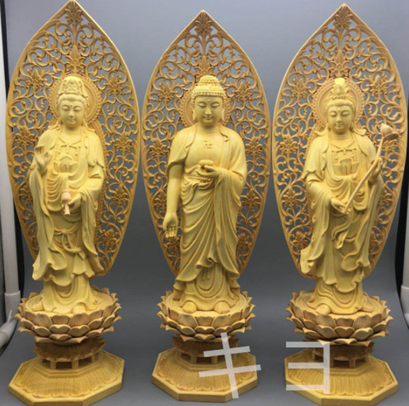 極上品 阿弥陀如来三尊 観音菩薩 勢至菩薩 仏師彫り 仏教工芸品 木彫