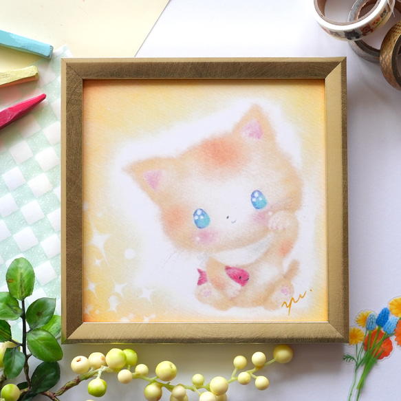 【複製画】「ハッピー招き猫ちゃん」　正月　元旦　パステルアート　動物　ねこ　イラスト 1枚目の画像