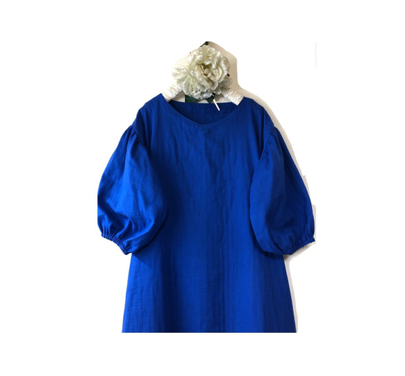 七分のバルーン袖❤️後ろリボンVネック❤️ロイヤルブルー★大人のWガーゼ/ ロング丈【色変更、身幅調整可❗️】 8枚目の画像