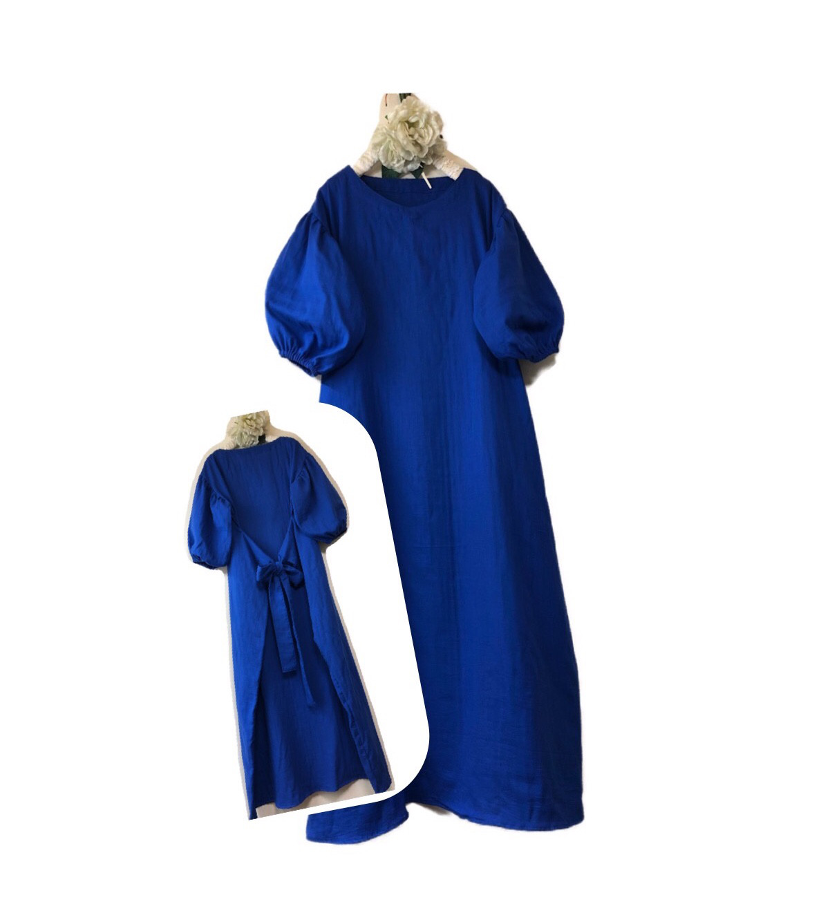 七分のバルーン袖❤️後ろリボンVネック❤️ロイヤルブルー★大人のWガーゼ/ ロング丈【色変更、身幅調整可❗️】