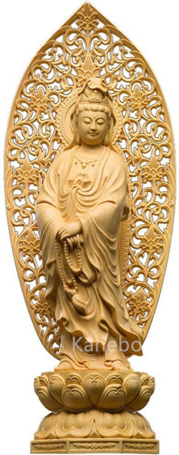 聖観音菩薩 立像 唐草光背 八角台 観世音菩薩仏像 柘植の木 彫刻