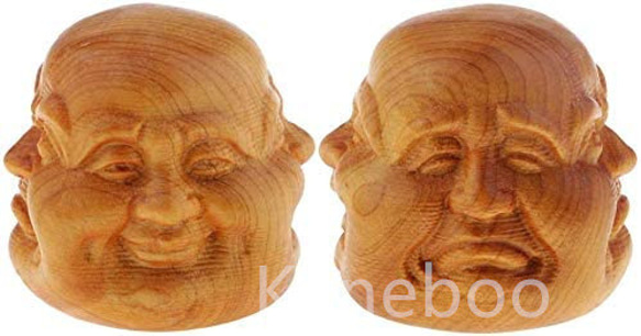 2個 木彫り 仏像 喜怒哀楽 仏頭 多面彫刻 置物 ミニ 工芸品 彫刻
