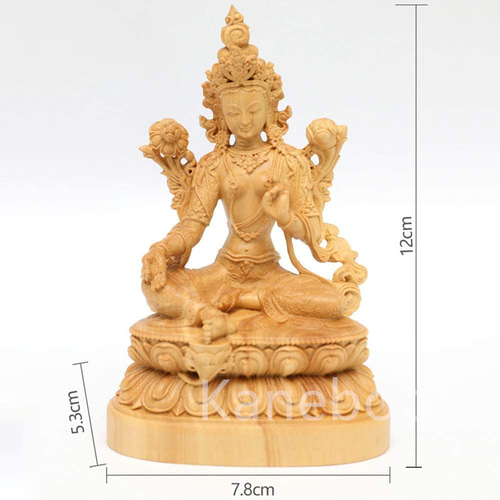 柘植木彫り 【観音菩薩の化身：緑度母 縁起仏像】 祈る天然ツゲ