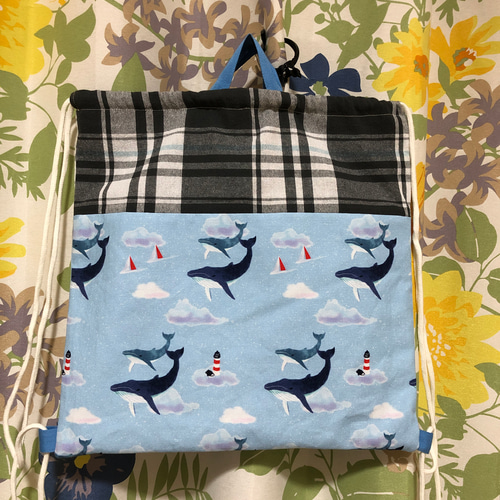 最新作】空飛ぶクジラ 水色 体操服入れ お着替え入れ ハンドメイド 