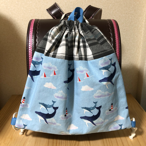 最新作】空飛ぶクジラ 水色 体操服入れ お着替え入れ ハンドメイド 