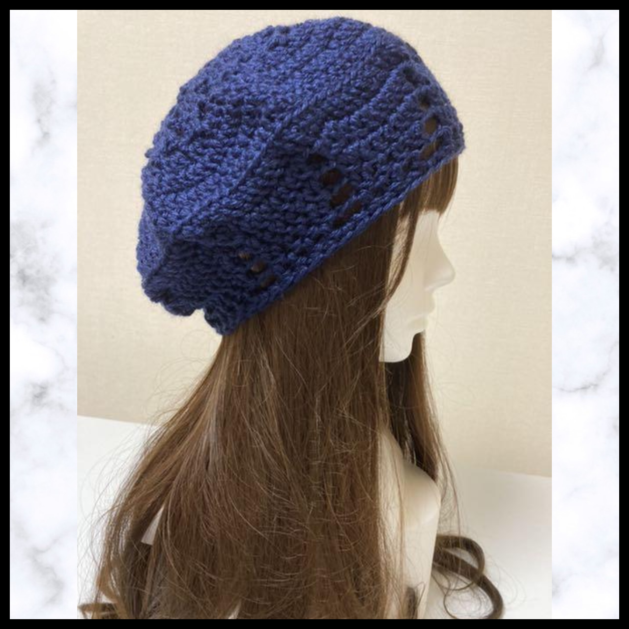 ニット帽　ネイビー　手編み　ベレー帽　お花　透かし模様　かわいい　通気性有り