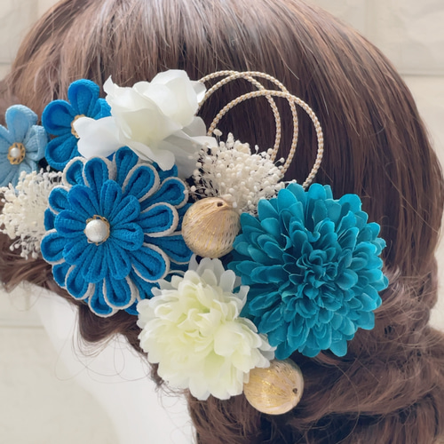 つゆくさ(ターコイズブルー)＊華マム＊かすみ草❁振袖髪飾り【和