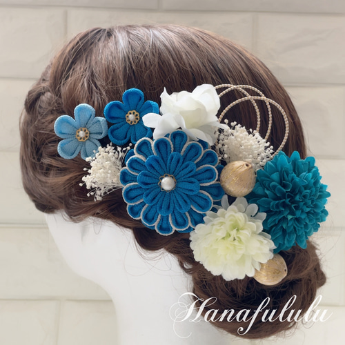 つゆくさ(ターコイズブルー)＊華マム＊かすみ草❁振袖髪飾り【和