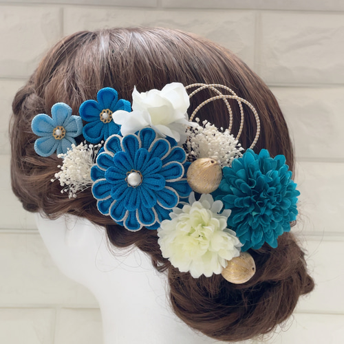 つゆくさ(ターコイズブルー)＊華マム＊かすみ草❁振袖髪飾り【和