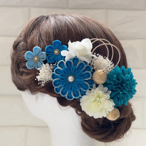 つゆくさ(ターコイズブルー)＊華マム＊かすみ草❁振袖髪飾り【和
