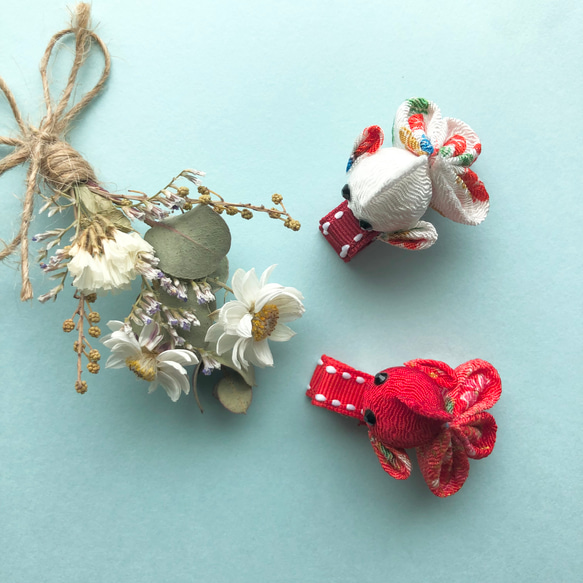 2つセット♩ちりめんサイクの金魚のベビーヘアクリップ・ペット