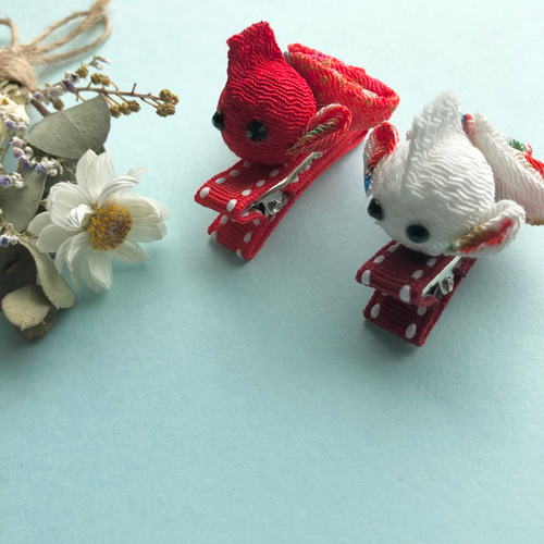 ♡ちりめん細工〜金魚〜♡ベビーヘアクリップ 2つセット♩ちりめんサイクの金魚のベビーヘアクリップ・ペット