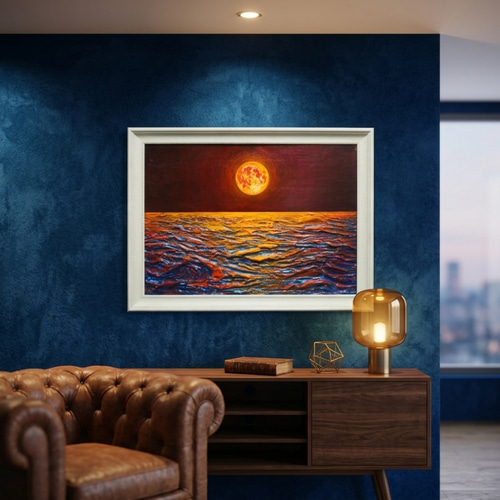 真作】油絵「豊穣のルナ・オーシャン」 月夜の海 壁掛け インテリア