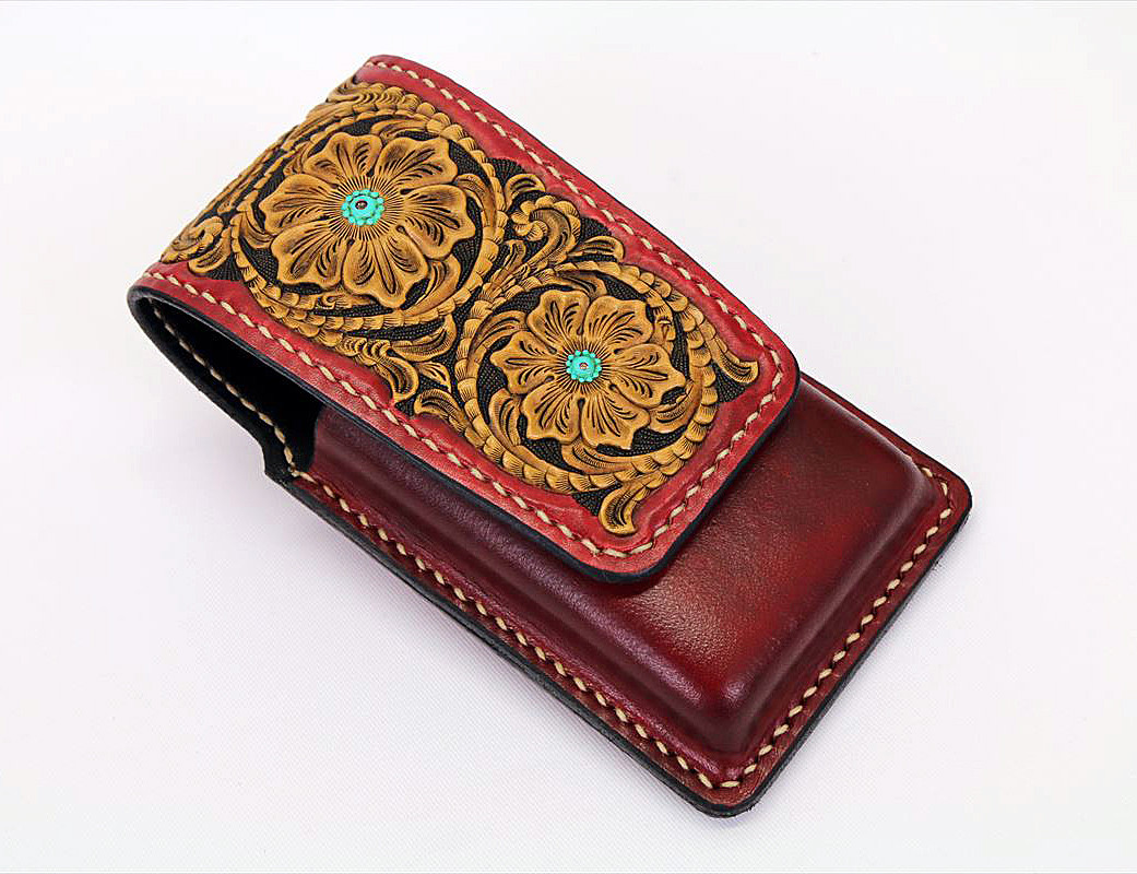 ペンケース(カービング・ワインレッド)L (受注製作)