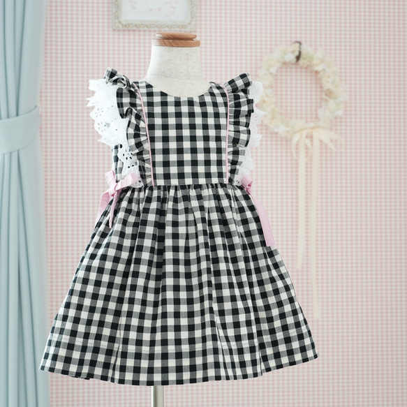 レースフリル　キッズワンピース　ハンドメイド 子供服 女の子ワンピース【size90㎝】チェック柄フリルレース コットン