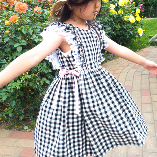 子供服 女の子ワンピース【size90㎝】チェック柄フリルレース コットン