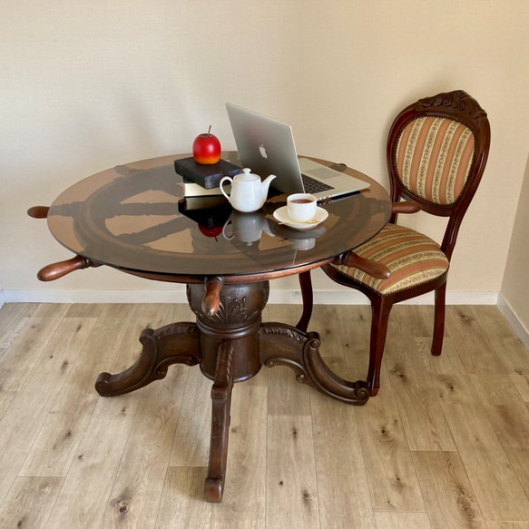 アンティークテーブル 丸ガラステーブル｜ダイニングテーブル　操舵輪　ヴィンテージ　大　回転テーブル　高級　一点物 