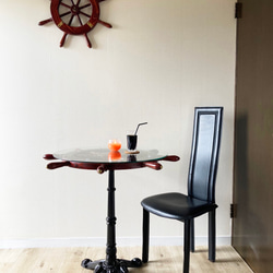 アンティークテーブル 丸ガラステーブル/黒｜クラシカル　マリン　ヴィンテージ　海　ソファテーブル　M　操舵輪　カフェ 7枚目の画像