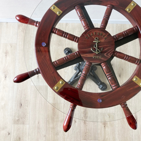 アンティークテーブル 丸ガラステーブル/黒｜クラシカル　マリン　ヴィンテージ　海　ソファテーブル　M　操舵輪　カフェ 3枚目の画像