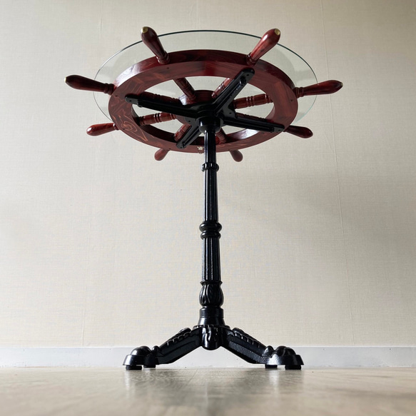 アンティークテーブル 丸ガラステーブル/黒｜クラシカル　マリン　ヴィンテージ　海　ソファテーブル　M　操舵輪　カフェ 5枚目の画像