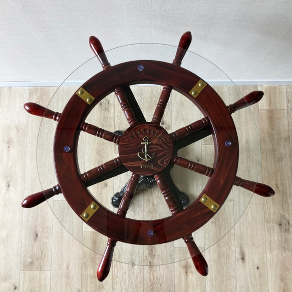 アンティークテーブル 丸ガラステーブル/黒｜クラシカル　マリン　ヴィンテージ　海　ソファテーブル　M　操舵輪　カフェ 2枚目の画像