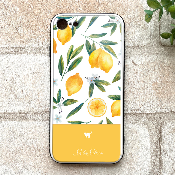にゃんこレモンのガラススマホケース（イエロー/強化ガラス）猫 phone15 iphone14 iphone13 他 人気・おすすめ｜使いやすい・旅行におすすめ 品質保証 全国発送