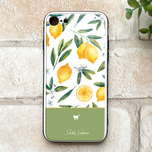 にゃんこレモンのガラススマホケース（グリーン/強化ガラス）猫 phone15 iphone14 iphone13 他 人気・おすすめ｜使いやすい・旅行におすすめ 品質保証 全国発送 日本国内発送・最短翌日お届け