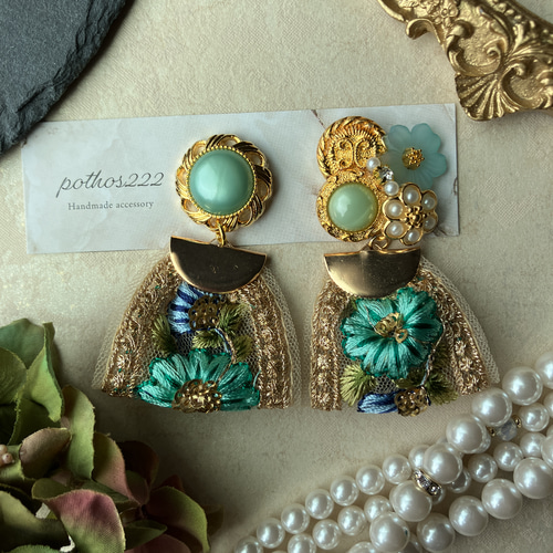 じゃらじゃら ヘアゴム キレイ～♡マットグリーン/フラワー